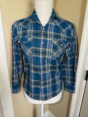 Ely Cattleman Womens Blue Gold Plaid Western Pearl Snap Shirt Medium Long Sleeve